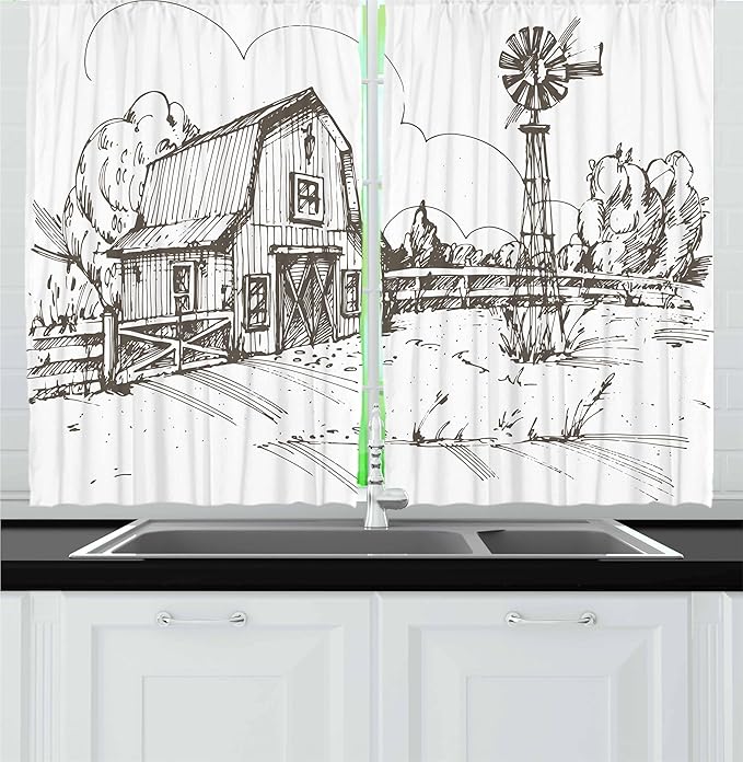Ambesonne Windmill Kitchen Curtains, Rustic Barn Farmhouse Hand Drawn Illustration Countryside Rural Meadow, Window Drapes 2 Panel Set for Kitchen Cafe Decor, 55" x 24", Taupe
