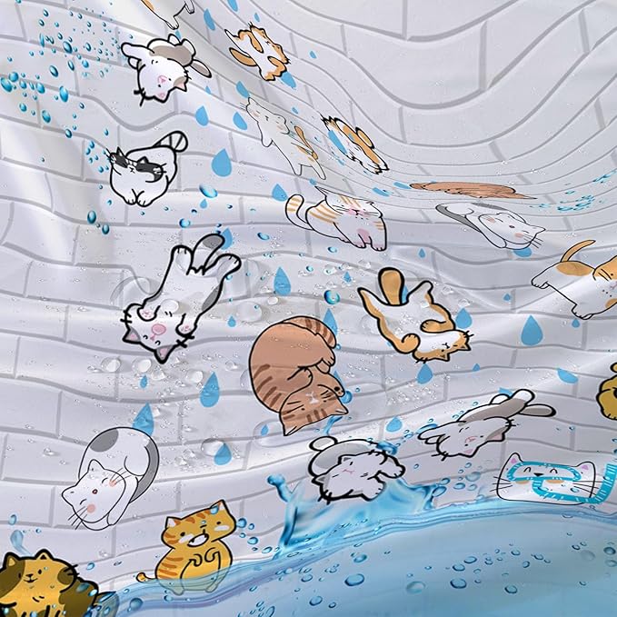 AILONEN Cute Cat Shower Curtain for Kids 72" W*84" H Inch,Colorful Animals Playing Water Kids Lovely Funny Hilarious Shower Curtain,12 Pack Hooks Polyester Waterproof Fabric Decor for Bathroom