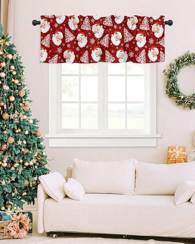 Red Christmas Valance Curtains for Kitchen Windows Santa Claus Merry Christmas Tree Rod Pocket Window Treatment Toppers for Kitchen/Living Room/Bedroom/Bathroom, 54" X 18", Winter Snowflake