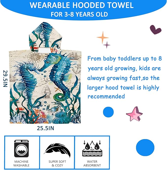 Seahorse Beach Towel with Hood for Boys Girls Premium Microfiber Kids Hooded Bath Towel Toddler Swim Pool Cover Up for 2-8 Years