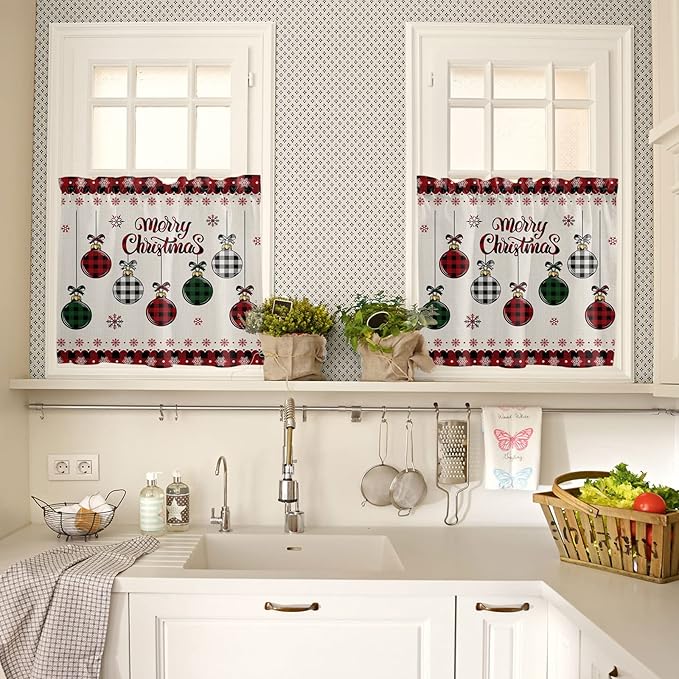 Christmas Kitchen Curtains and Valances Set, Vintage Buffalo Plaid Christmas Balls Window Treatments Tiers Farmhouse Half/Short Curtains for Small Windows Cafe /Living Room/ Bedroom 54x 36 in