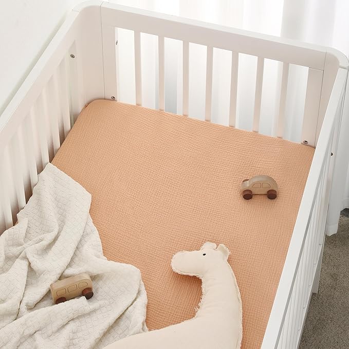 TILLYOU 2 Pack Muslin Crib Sheet for Boys and Girls - 100% Cotton Fitted Crib Sheet for Toddler Standard Crib Mattress, Soft and Breathable, 52"x28"x8",Beige&Light Brown