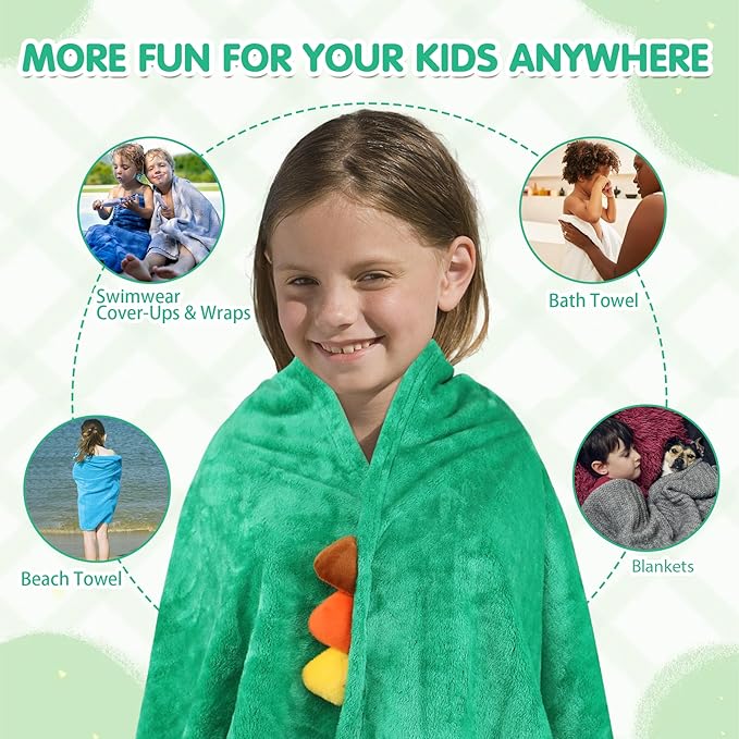 Kids Beach Towels Cute 3D Embroidery Dinosaur Super Absorbent Warm Coral Fleece Blanket Pool Bath Towel Wrap for Boys Girls, Measures 53.5 x 29.3 Inches
