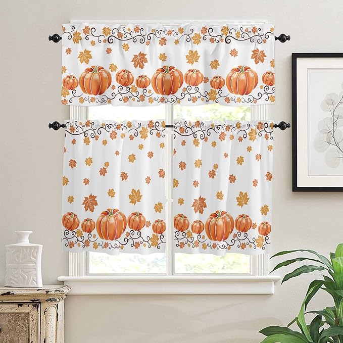 Fall Maple Leaves Kitchen Curtains and Valances Set, Thanksgiving Watercolor Pumpkins Half/Short Curtains for Small Windows Cafe /Living Room/ Bedroom 54x 36 in-,Orange Window Treatments Tiers