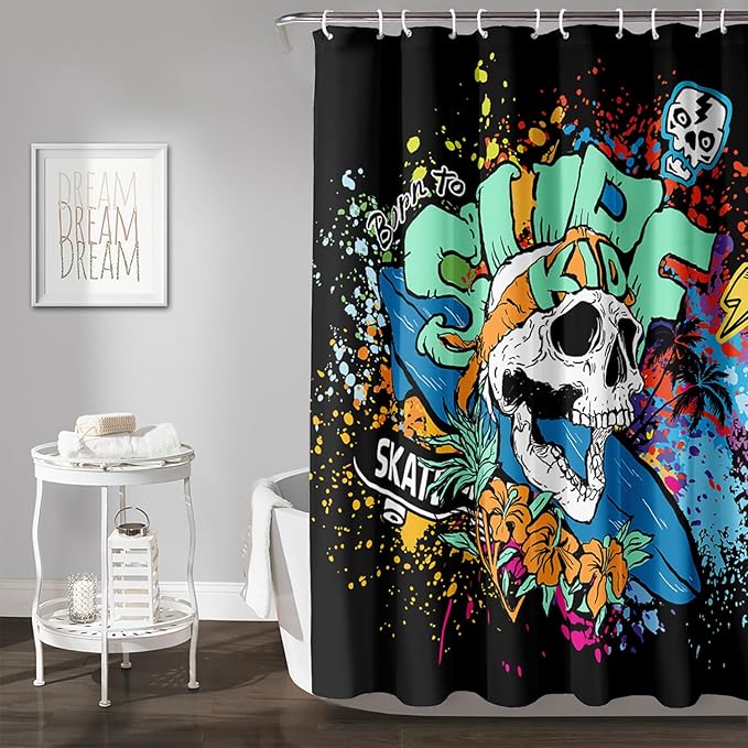 AILONEN Surf Skull Shower Curtain for Bathroom,Colorful Graffiti Flower Art Bathroom Curtain for Kids Boys Girls,Bath Curtain 72" W*78" H Polyester Waterproof Bathroom Curtain with 12 Hooks