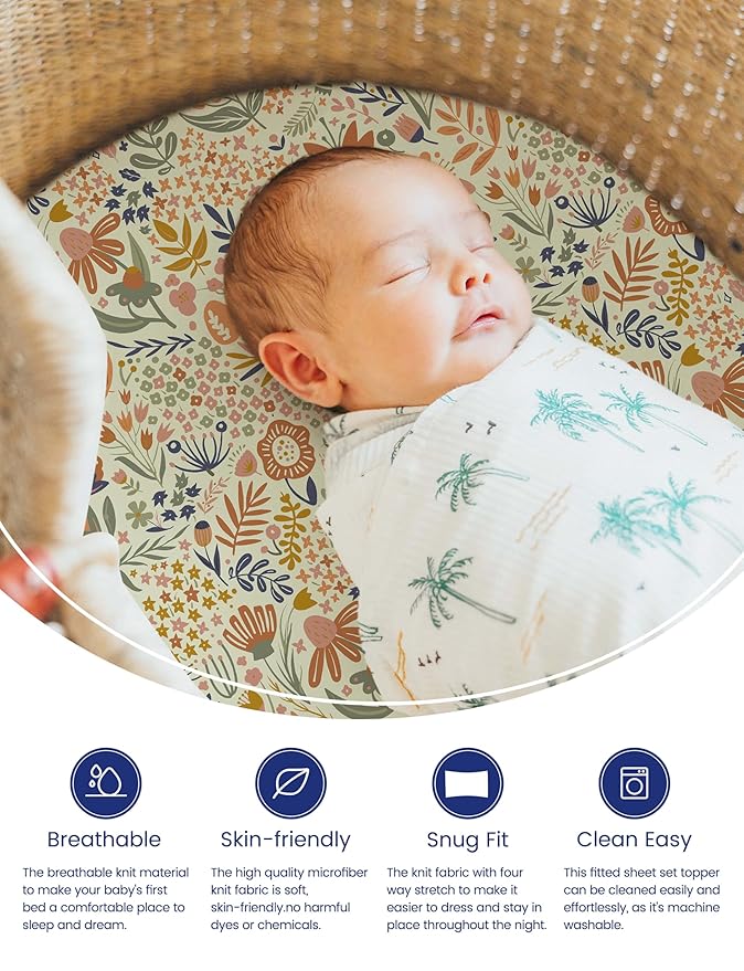 TotAha Premium Soft Bassinet Sheet for Boy Girl, Super Stretchy Jersey Knit Bassinet Fitted Sheet for Halo, Maxi COSI, Mika Micky, SNOO, and Other Bassinet, 2 Pack (Botanical Garden & Cute Bear)