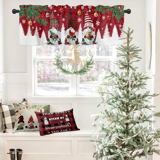 Christmas Gnomes Valance Kitchen Curtains for Windows, Red Winter Holidays Rod Pocket Valances Window Treatments White Snowflakes Xmas Trees Short Curtains For Bedroom/ Living Room, 54" X 18" -1 Panel