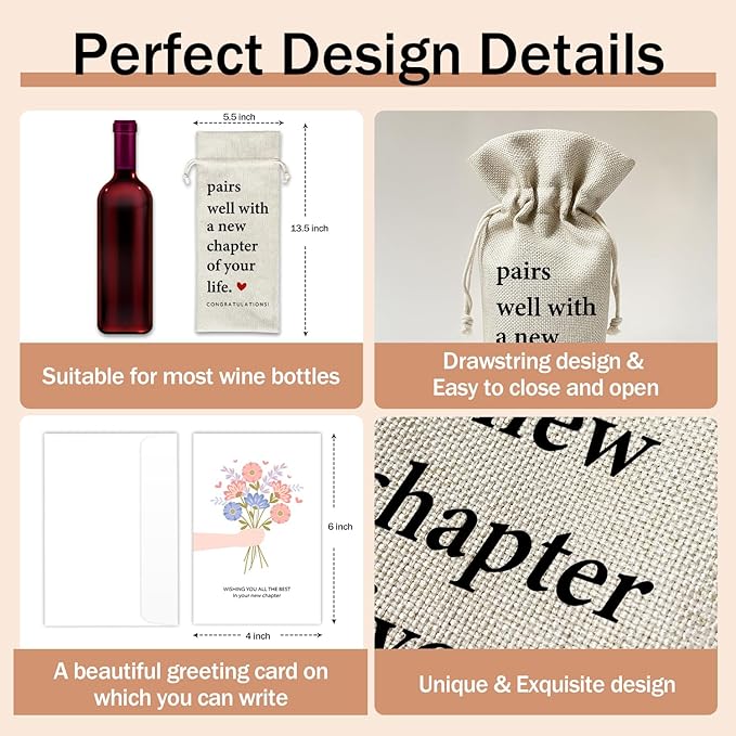 New Job Gifts Wine Gift Bags & Card, New Benning Gifts for Women Men, New Business Owner Gifts Retirement Gift 1 pcs Reusable Burlap Wine Gift Bags for Wine Bottles New Chapter Holiday Party Favor -22