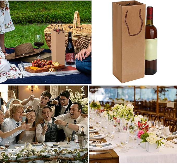DQZSY 20 Pack Brown Wine Gift Bag, Wine Tote Bags Bulk Kraft Paper Bag with Handles for Party, Shopping,Christmas, Retail Merchandise
