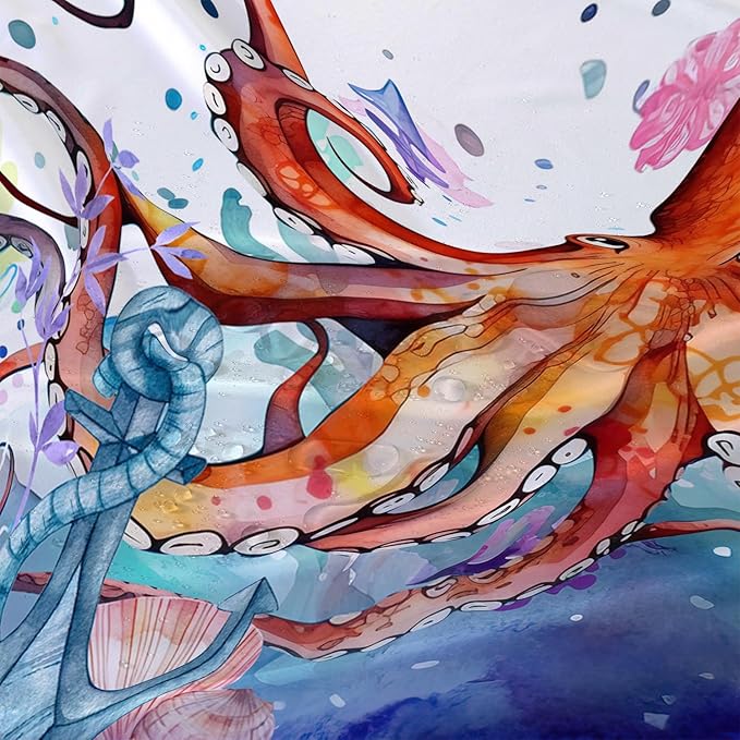 AILONEN Lovely Octopuses Shower Curtain Set, Red Cartoon Octopus Waterproof Fabric Shower Curtain for Bathroom,Watercolor Nautical Anchor Theme Cloth Bath Curtain with Hooks,36" Wx72 H