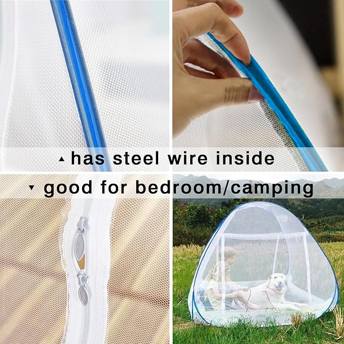 Pop Up Bed Net Tent for Bedroom with Net Bottom, Portable Double Door Travel Folding Design Bed Canopy, Foldable (79 x71x59 inch-Blue)