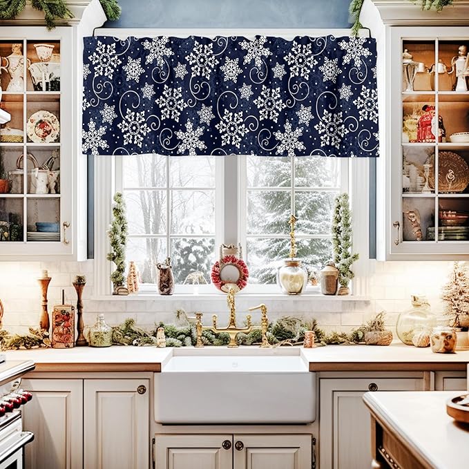 Christmas Valance Curtains for Kitchen Windows White Navy Snowflakes Pattern Rod Pocket Window Treatment Toppers for Kitchen/Living Room/Bedroom/Bathroom, 42" X 12", Winter