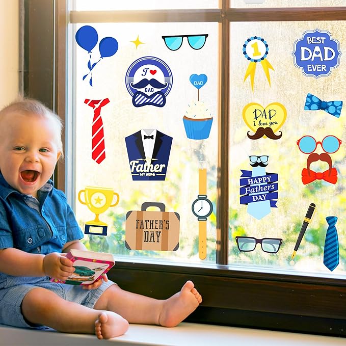 Father Dad Birthday Decoration Window Sticker 8 Sheet 84pcs Door PVC Static Film Sticker, Express Kids Love for Dad Decals Papa Birth Party Decoration for Home Room Car SUV Van Refrigerator