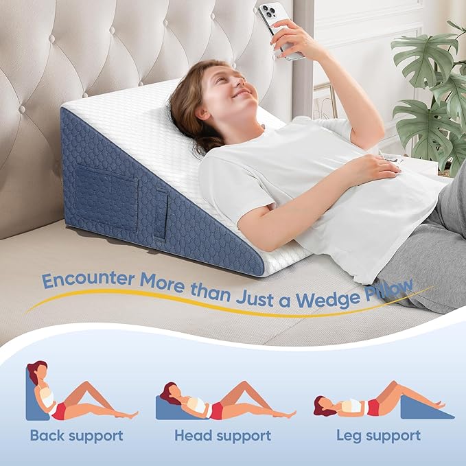 Wedge Pillow for Sleep Apnea, 2024 New 10'' Bed Wedge Pillow, Acid Reflux, Heartburn, GERD, Neck Pain, Cooling Memory Foam Top, Removable Washable Cover Incline Pillow for Improved Sleep