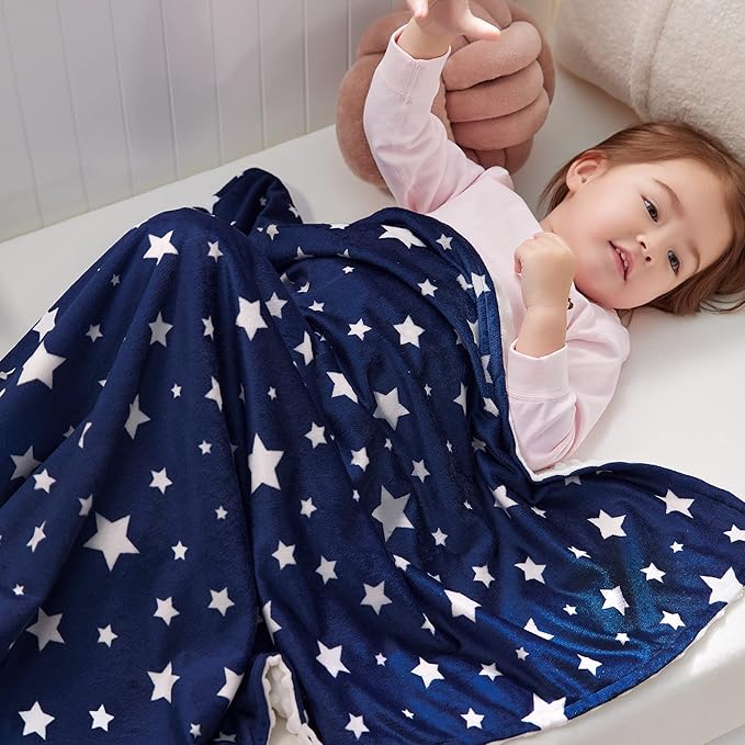 DaysU Silky Micro Soft Plush Baby Blankets Unisex with Print Star Pattern and Soothing Raised Dots, Double Layer Bed Throws for Baby Crib, Star, Navy, 30x40 Inches
