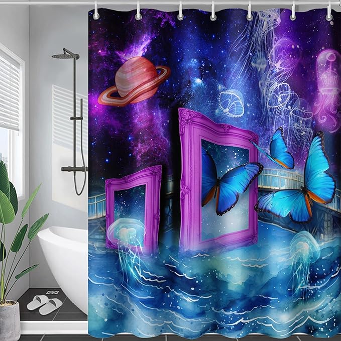 AILONEN Blue Butterfly Shower Curtains,Purple Galaxy Bath Curtains for Bathroom for Girls,Blue Ocean Jellyfish Curtains,Polyester Waterproof with 12 Hooks 72" W*96" H