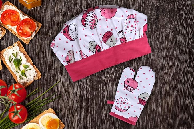AMOUR INFINI 100% Cotton Cup Cake 3-Piece Kitchen Set Kid's Aprons, Oven Mitts, and Chef Hats Kitchen Play, Cooking, Grilling, Baking Birthday Gift for Girls, Boys & Young Chefs