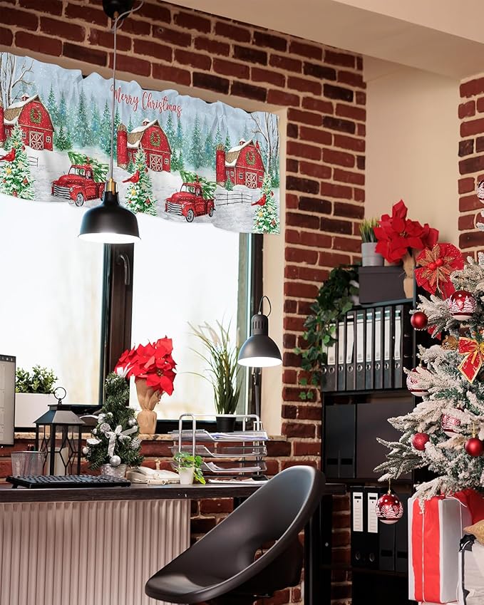 Red Truck Christmas Valance Curtains for Kitchen Windows Merry Christmas Farmhouse Rod Pocket Window Treatment Toppers for Kitchen/Living Room/Bedroom/Bathroom, 42" X 18", Winter Xmas Tree