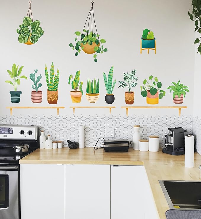 Green Potted Plants Window Clings Wall Decals Peel and Stick Plants Wall Decal Stickers for Bedroom Living Room Wall Stickers Nursery Office Apartment Wall Decor 481