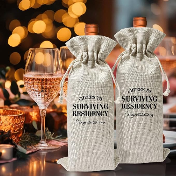 Surviving Residency Gifts Wine Bag For Students Friend Doctor Nurse Practitioner, Med School Farewell Graduation Party Decoration, Reusable Burlap Wine Bag, Cheers To Surviving Residency