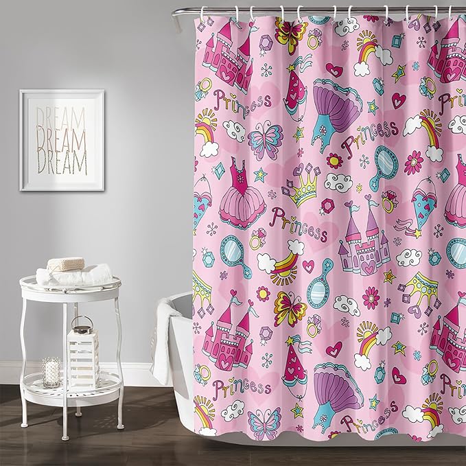 AILONEN Princess Dress Shower Curtain,Cartoon Sparkling Star Diamond Waterproof Shower Curtain Set for Girls Kids Teens, 48" W*72" H Pink Castle Jewelry Shower Curtain for Bathroom