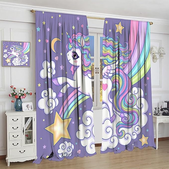 Kids Unicorn Curtains Purple Cartoon Rainbow Cartoon Room Blackout Curtains Boys Girls Baby Room Decor Curtains Living Room Decor 63x72 Inch 2 Panels