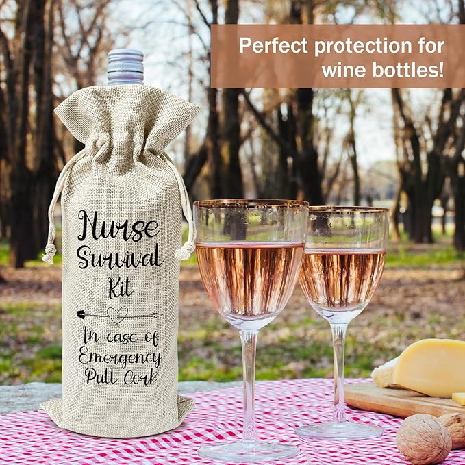 Nurse Wine Gift Bags, Nurse Gifts for Nurse Practitioner RN Nursing Student, 1pcs Nurse Survival Kit Reusable Burlap Wine Gift Bags for Wine Bottles, Nurse Week Graduation Holiday Party Favor -13