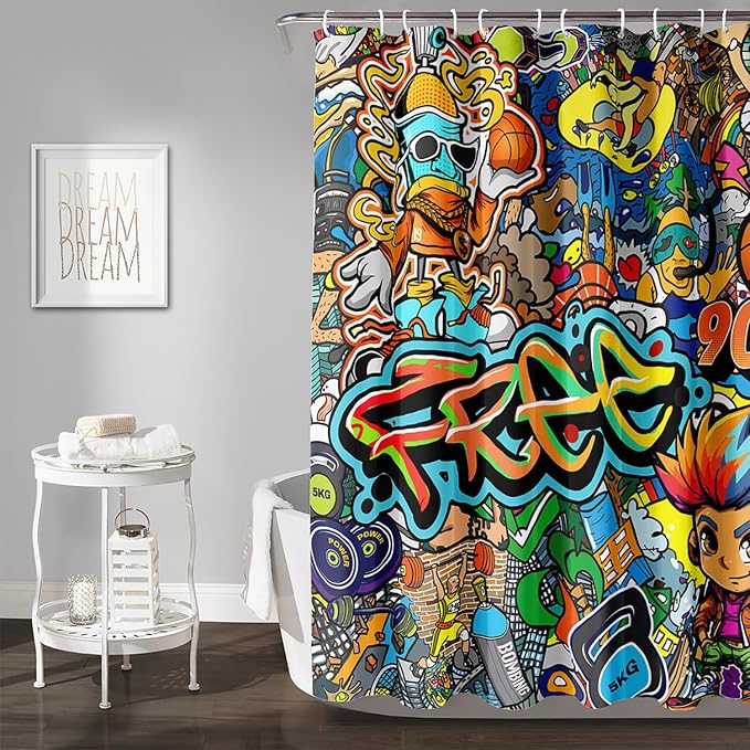 AILONEN Sport Graffiti Shower Curtain for Bathroom,Colorful Graffiti Pattern Bathroom Curtain for Kids Boys Girls,Bath Curtain 72" W*96" H Polyester Waterproof Bathroom Curtain with 12 Hooks