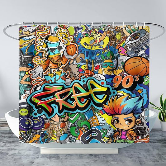 AILONEN Sport Graffiti Shower Curtain for Bathroom,Colorful Graffiti Pattern Bathroom Curtain for Kids Boys Girls,Bath Curtain 72" W*84" H Polyester Waterproof Bathroom Curtain with 12 Hooks