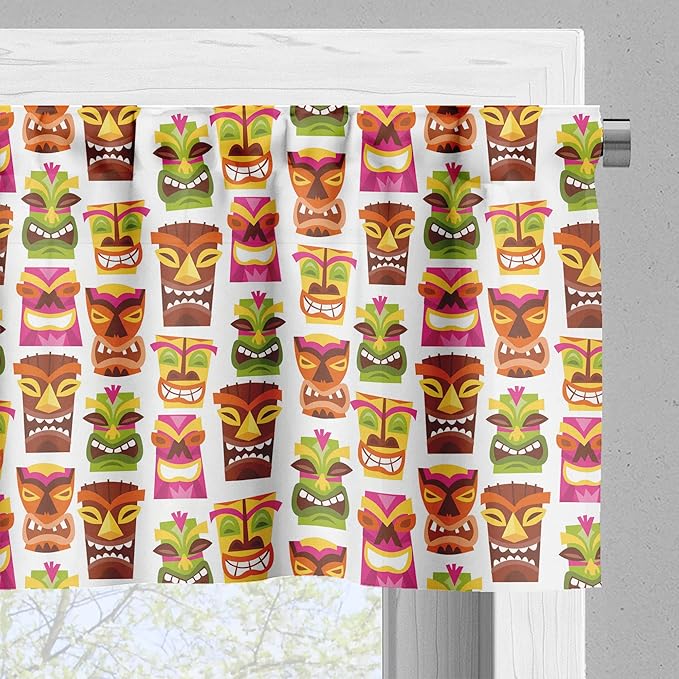 Ambesonne Tiki Bar Valance & Tier Curtain 3 pcs Set, Sixties Retro Inspired Hawaiian Party Happy Tiki Pattern Colorful, Window Treatments for Kitchen Room Decor, 55" x 30", White Brown
