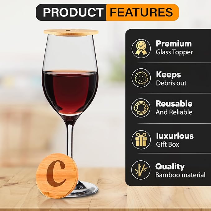 Personalized Wine Glass Charcuterie Topper - Custom Laser Engraved Initial Bamboo Wine Glass Topper Stopper Coasters Plate ID Identification Wine Glass Charcuterie Board Topper (Letter C)