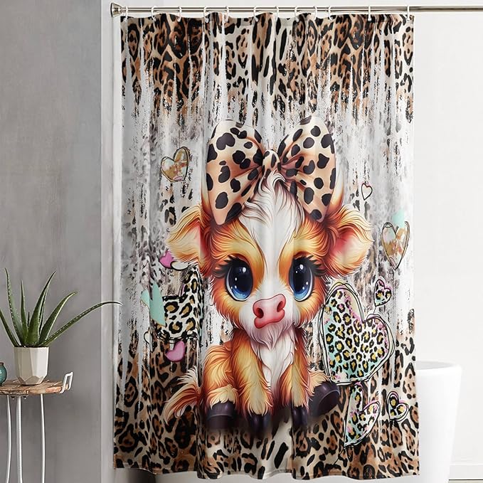AILONEN Cartoon Yak Shower Curtain Set, Kids Leopard Print Love Yak Waterproof Fabric Shower Curtain for Bathroom Decor,Bow Tie Yak Cloth Bath Curtain Set with Plastic Hooks,72" Wx96 H