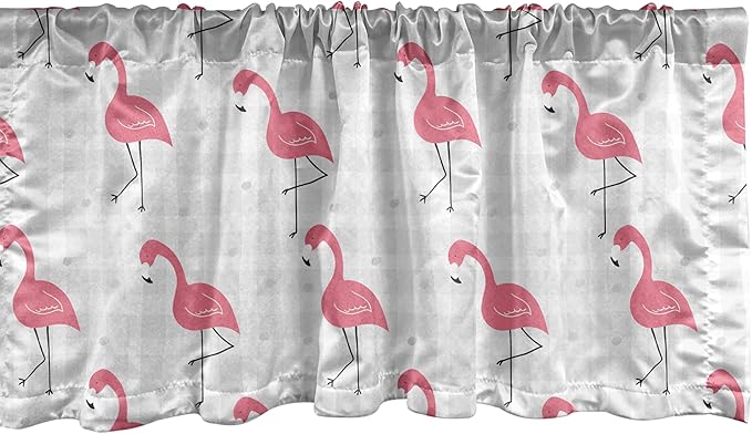 Ambesonne Pink Flamingo Window Valance, Cartoon Birds on Pastel Colored Checkered Background Wild Nature, Curtain Valance for Kitchen Bedroom Decor with Rod Pocket, 42" x 18", Pale Grey Coral Black