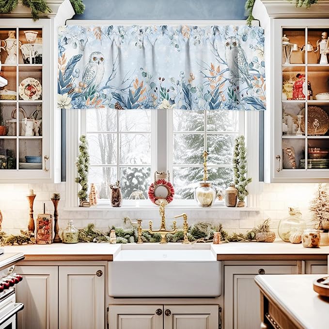 Blue Christmas Valance Curtains for Kitchen Windows Winter Snowy Owl Poinsettia Eucalyptus Leaves Rod Pocket Window Treatment Toppers for Kitchen/Living Room/Bedroom/Bathroom, 42" X 12",