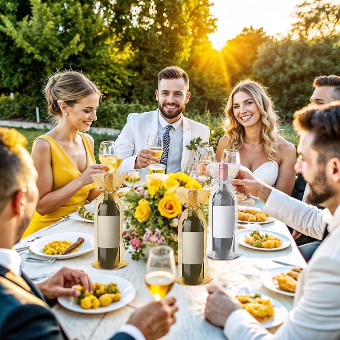 Megitzuu 20 Pieces Organza Wine Bags, 14.6 x 5.5 Inch Wine Gift Bag with Drawstring Sheer Mesh Wine Gift Pouches Bottle Covers for Halloween Christmas Wedding Party Favors (Gold+White)