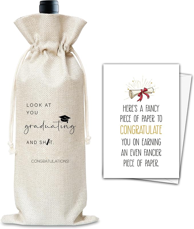 Graduation Wine Gifts Bag, Congratulations Graduation Reusable Wine Bag, Champagne Gifts Bag, Congrats Gifts For College Masters Doctorate Graduation Party, Burlap Drawstring Wine Bag With Card-18