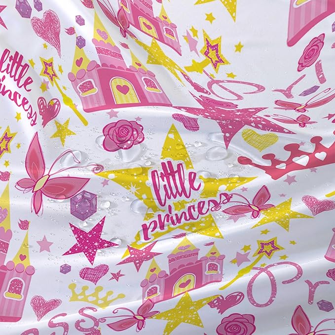 AILONEN Princess Castle Shower Curtain,Cartoon Butterfly and Rose Bathroom Shower Curtain for Girls Boys Kids Teens, 72" W*78" H Pink Glitter Star Theme Bathroom Decor