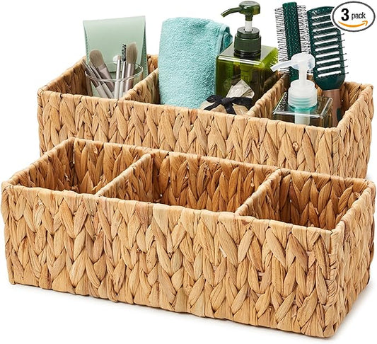 EZOWare 3 Section Natural Water Hyacinth Storage Baskets, Woven Wicker Divided Organizer Bin for Organizing Bathroom, Toilet Tank Top, Vanity Countertop, Kitchen Pantry - Set of 2