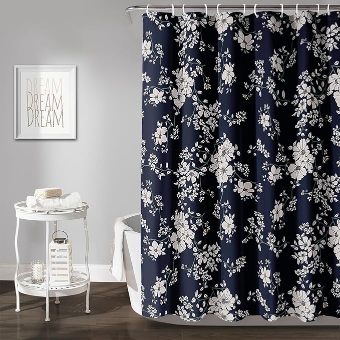 AILONEN Luxuriant Flowers Shower Curtain,White Flower on Black Background Waterproof Shower Curtain Set for Girls Boys Teens, 72" W*78" H Patchwork Flower Shower Curtain