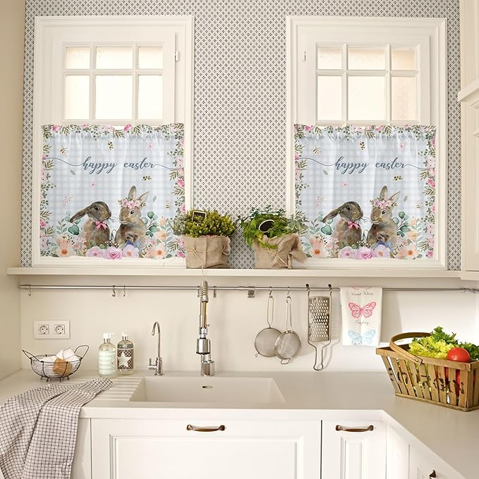 Rabbits Flowers Easter Kitchen Curtains and Valances Set,Eucalyptus Leaf Spring Summer Window Tiers Grey White Buffalo Plaid Half/Short Curtains for Small Windows Cafe /Living Room/ Bedroom 54x24 in