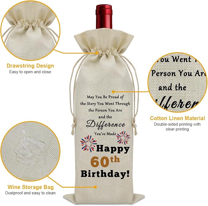 Sazuwu Happy 60th Birthday Gifts for Mom Dad Wine Bag Gifts for Women Turning 60 Years Old Inspirational Birthday Quotes Wine Accessories Gifts for Wine Lovers Turning 60 Gifts Born in 1964 Gifts
