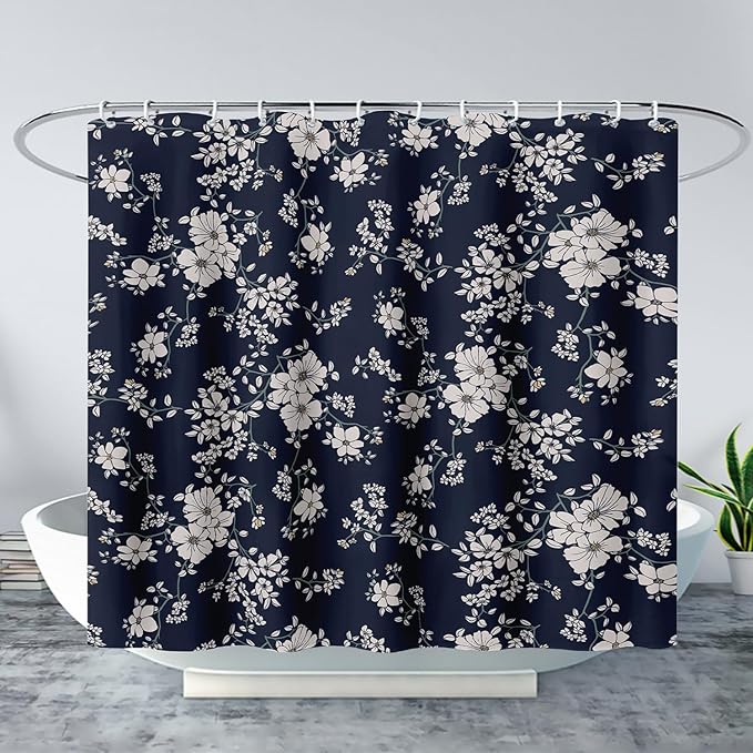 AILONEN Luxuriant Flowers Shower Curtain,White Flower on Black Background Waterproof Shower Curtain Set for Girls Boys Teens, 72" W*96" H Patchwork Flower Shower Curtain