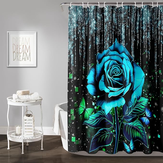 AILONEN Blue Rose Shower Curtain for Bathroom, Glitter Starry Flower Print Bath Curtain,Blue and Black Waterproof Floral Butterfly Shower Curtain Decoration with 12 Plastic Hooks, 36" W*72" H