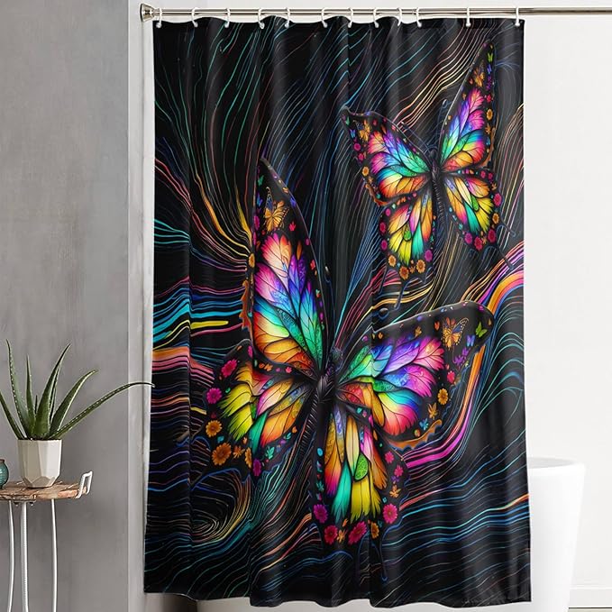 AILONEN Beautiful Butterfly Shower Curtain,Colorful Line Butterfly Bath Curtain for Bathroom for Boys,Girls,Boho Hippie Style Waterproof Fabric Shower Curtain Set with Hooks,72" W*96" H