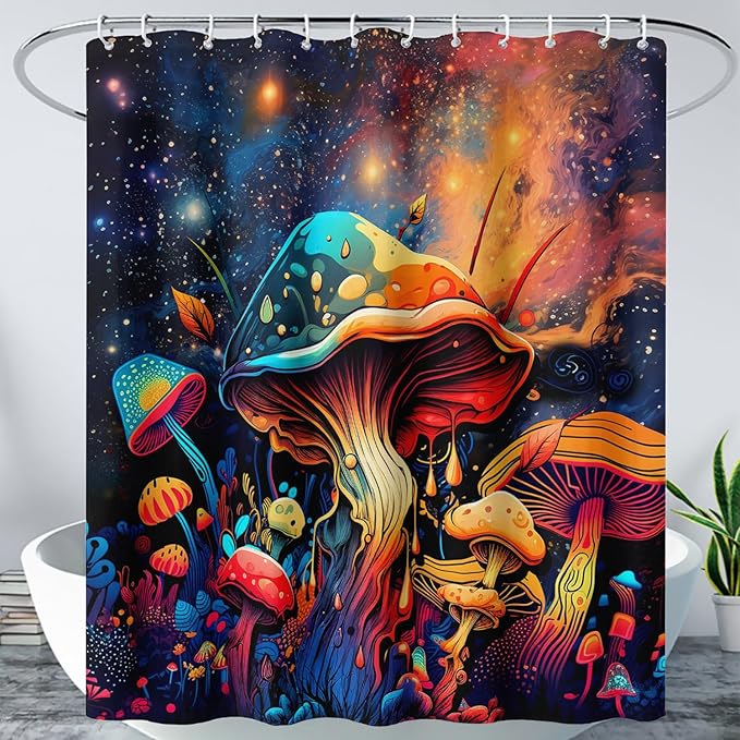 AILONEN Cartoon Magic Mushroom Shower Curtain,Funny Mushroom Waterproof Fabric Shower Curtain Set for Kids Girls,Boho Natural Plants Starry Night Shower Curtain with Hooks for Bathroom, 60" W*72" H