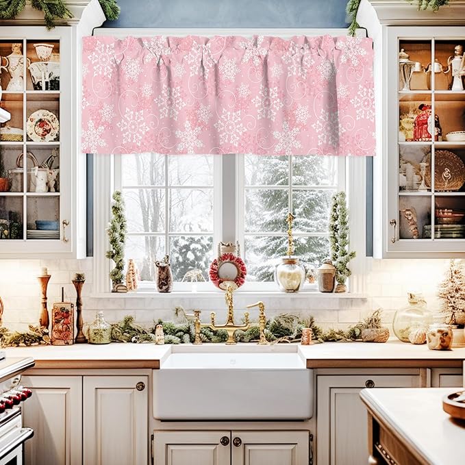 Christmas Valance Curtains for Kitchen Windows Pink White Snowflakes Pattern Rod Pocket Window Treatment Toppers for Kitchen/Living Room/Bedroom/Bathroom, 42" X 12", Winter