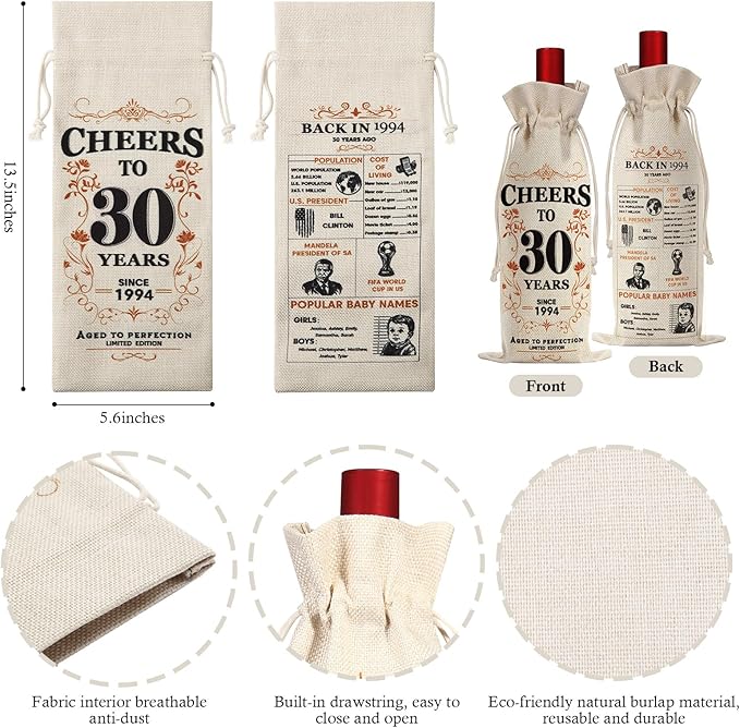 SpringWhisper 2Pcs 30th Birthday Gifts for Women Men Back in 1994 Birthday Gift 30 Years Old Gift Birthday Decoration Wine Bag Gift for Her Him Wine Gift Bag 30th Turning 30