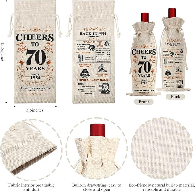 SpringWhisper 70th Birthday Gifts for Women Men Back in 1954 Birthday Gift 70 Years Old Gift Birthday Decoration Wine Bag Gift for Her Him Wine Gift Bag 70th Turning 70