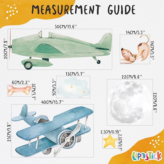 Large Airplane Wall Decals for Kids by Lipastick - 47 pcs Premium Kids Wall Stickers Aircrafts - Creative Nursery Wall Decal - Plane Vinyl Wall Decals for Baby Nursery Children Room Bedroom M Size