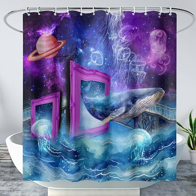 AILONEN 3D Whale Shower Curtains,Purple Galaxy Bath Curtains,Ocean Jellyfish Curtains for Kids Girls,Polyester Waterproof for Bathroom with 12 Hooks,72" W*96" H Purple